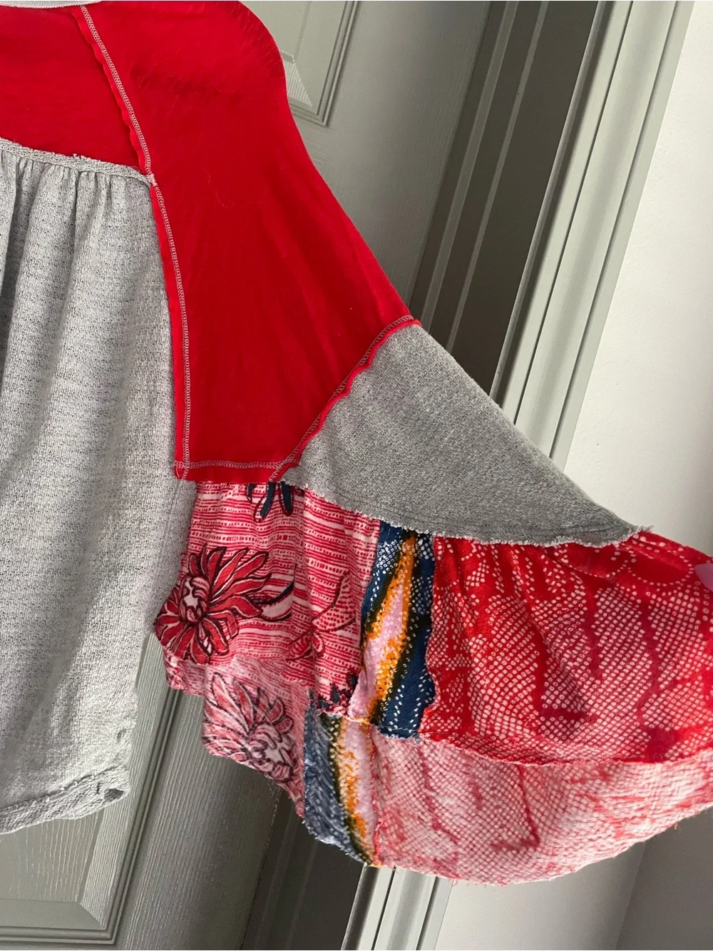 Free People We The Free Red and Gray Ribbed Knit Top Boho Shirt